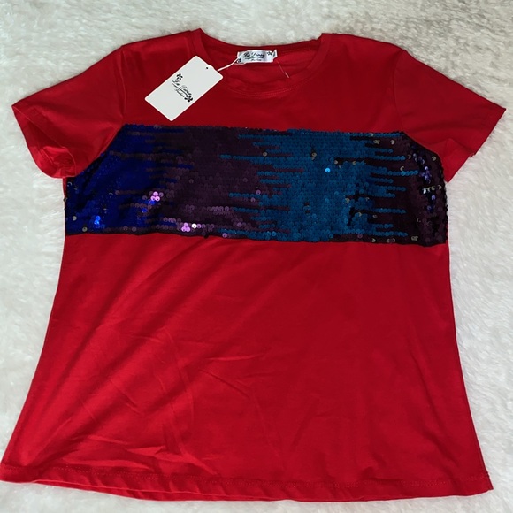 NWT LA DIOSA Fashion Red T-Shirt Top w/ Blue Sequins Embellishment Size XL - Picture 4 of 14